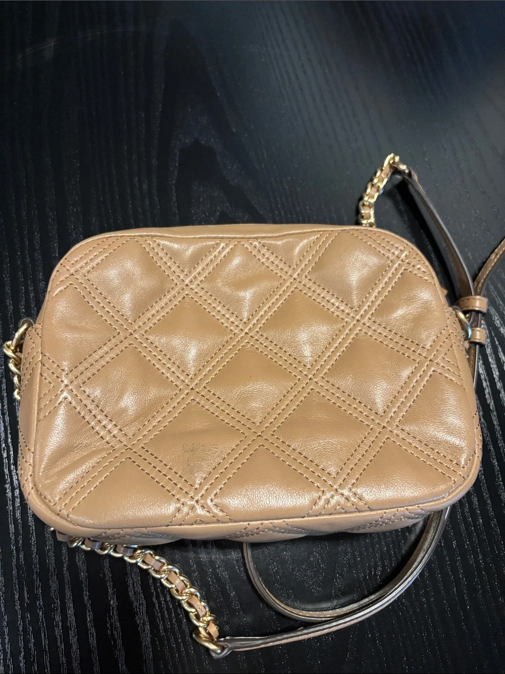 Tory Burch Tan Quilted Leather Crossbody Bag with Chain Strap